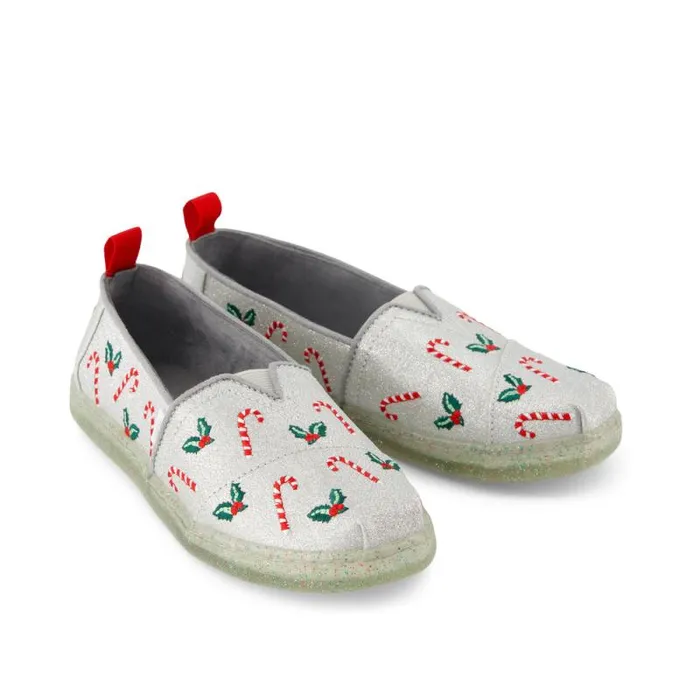 Toms TOMS Classics Alpargata Kids Shoe Silver Shimmer Embroidered Candy Canes 8211 WomenKids