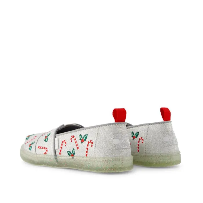 Toms TOMS Classics Alpargata Kids Shoe Silver Shimmer Embroidered Candy Canes 8211 WomenKids