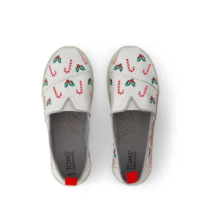 Toms TOMS Classics Alpargata Kids Shoe Silver Shimmer Embroidered Candy Canes 8211 WomenKids