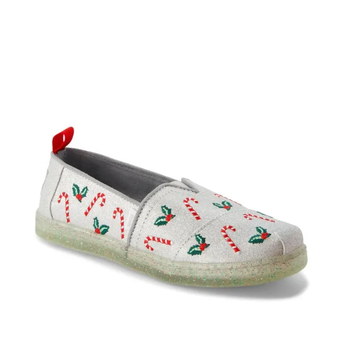 Toms TOMS Classics Alpargata Kids Shoe Silver Shimmer Embroidered Candy Canes 8211 WomenKids