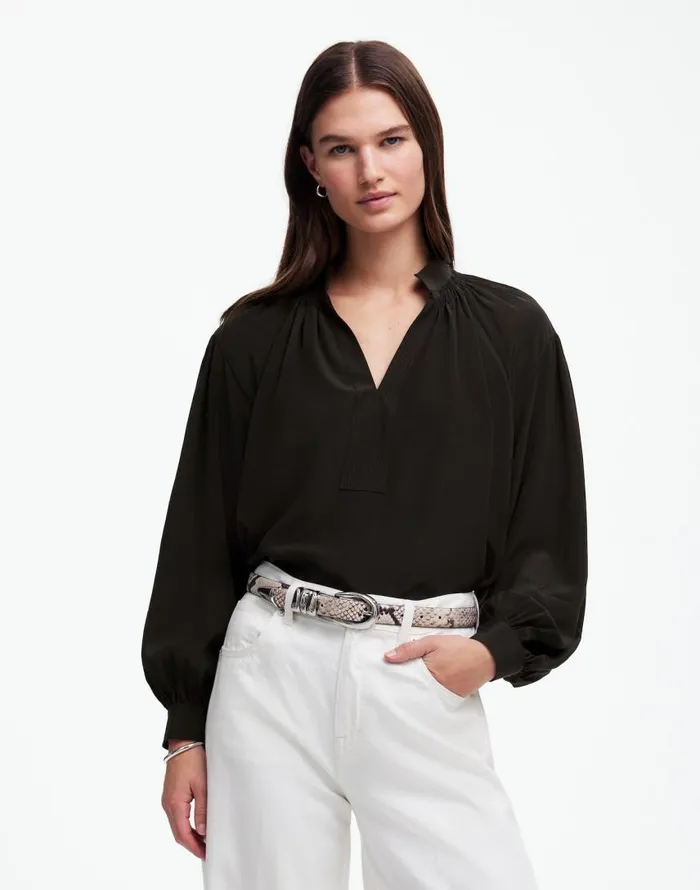 Tops and Shirts Women Madewell Shirred LongSleeve Top In Silk True Black