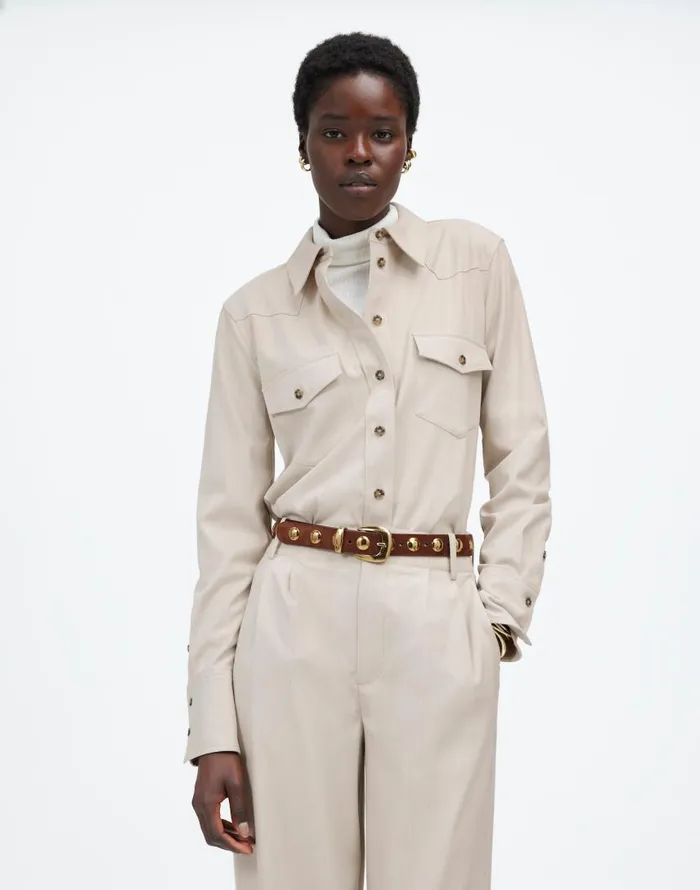 Tops and Shirts Women Madewell Western ButtonUp Shirt In Brushed Twill Pebble Stone Tops and Shirts Women Madewell Western ButtonUp Shirt In Brushed Twill Pebble Stone