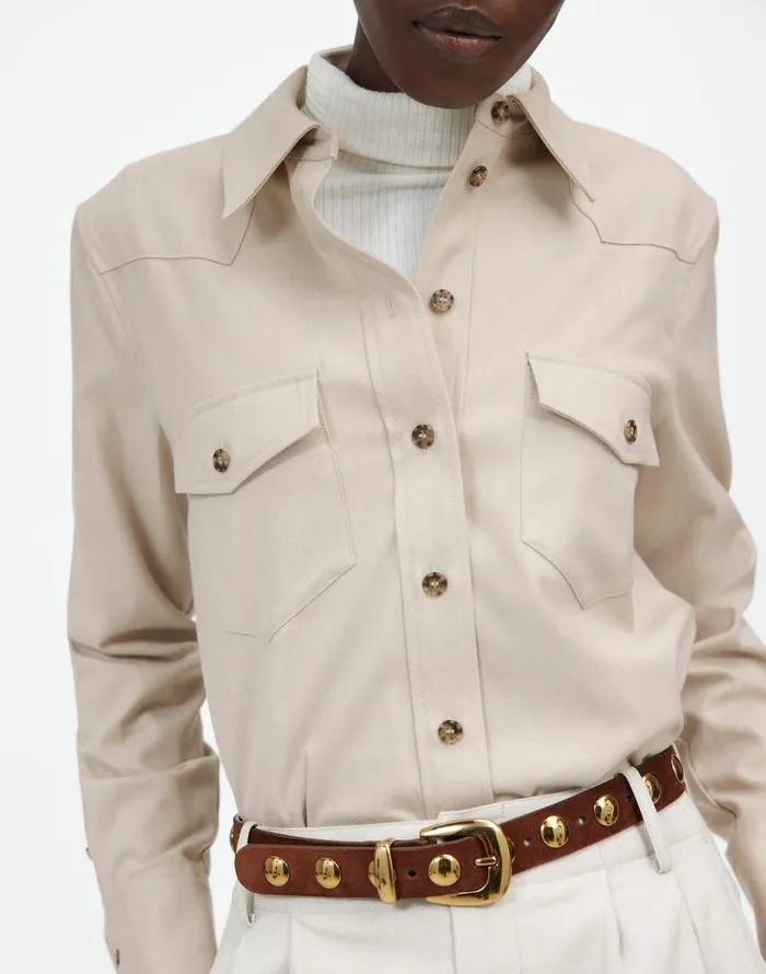 Tops and Shirts Women Madewell Western ButtonUp Shirt In Brushed Twill Pebble Stone