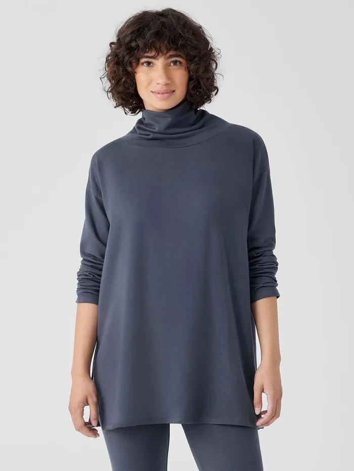 Tops and Tees Women Eileen Fisher Cozy Brushed Terry Hug Funnel Neck Long Top Ocean
