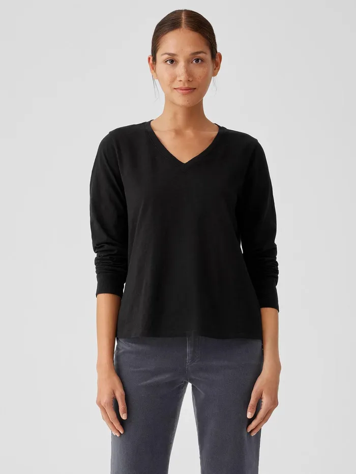 Tops and Tees Women Eileen Fisher Organic Cotton Slub VNeck Top Black