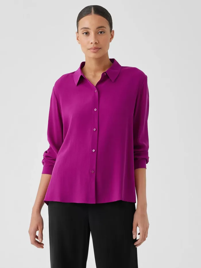 Tops and Tees Women Eileen Fisher Silk Georgette Crepe Classic Collar Shirt Bone
