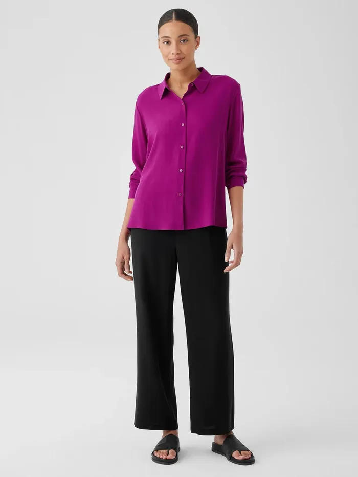 Tops and Tees Women Eileen Fisher Silk Georgette Crepe Classic Collar Shirt Bone