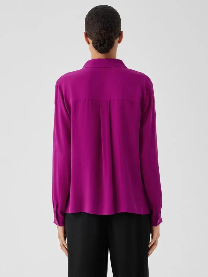 Tops and Tees Women Eileen Fisher Silk Georgette Crepe Classic Collar Shirt Bone