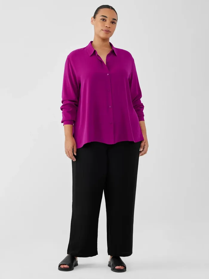 Tops and Tees Women Eileen Fisher Silk Georgette Crepe Classic Collar Shirt Bone