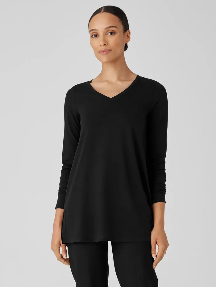 Tops and Tees Women Eileen Fisher Stretch Jersey Knit VNeck Long Top Black