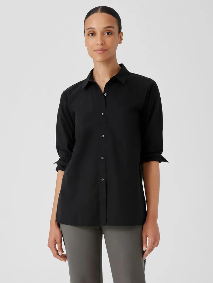 Tops and Tees Women Eileen Fisher Washed Organic Cotton Poplin Classic Collar Long Shirt Black Tops and Tees Women Eileen Fisher Washed Organic Cotton Poplin Classic Collar Long Shirt Black
