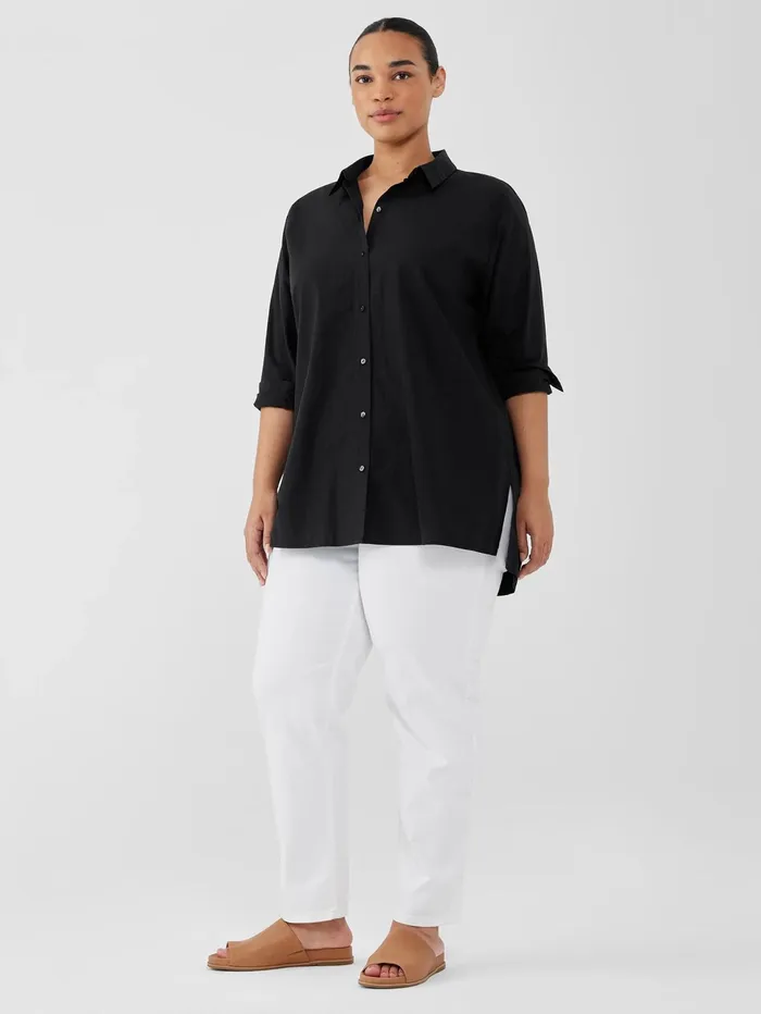 Tops and Tees Women Eileen Fisher Washed Organic Cotton Poplin Classic Collar Long Shirt Black