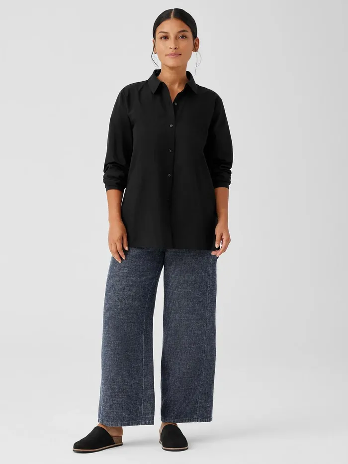 Tops and Tees Women Eileen Fisher Washed Organic Cotton Poplin Classic Collar Long Shirt Black