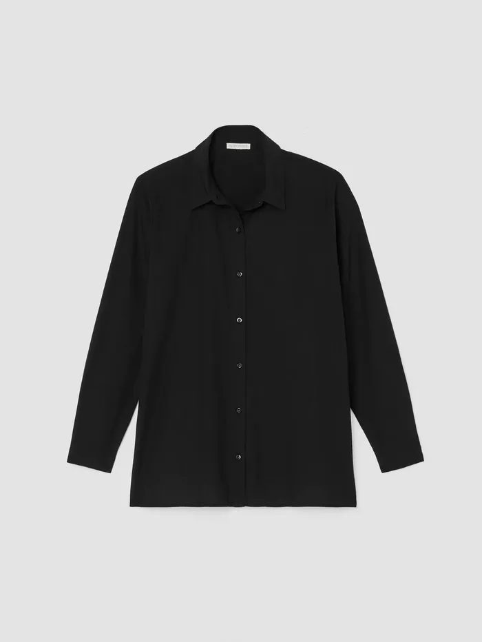 Tops and Tees Women Eileen Fisher Washed Organic Cotton Poplin Classic Collar Long Shirt Black