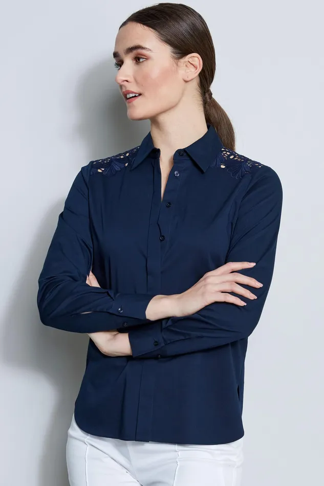 Tops Women Elie Tahari Embroidered Shoulder Shirt STARGAZER