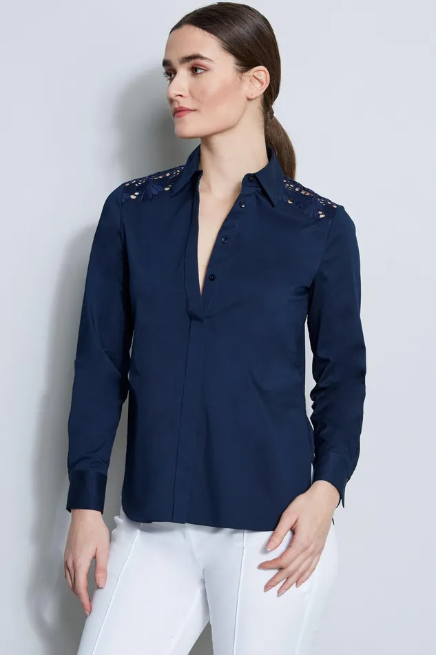 Tops Women Elie Tahari Embroidered Shoulder Shirt STARGAZER