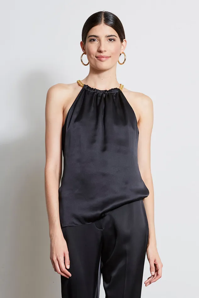 Tops Women Elie Tahari Silk Satin Chain Halter Shirt BLACK