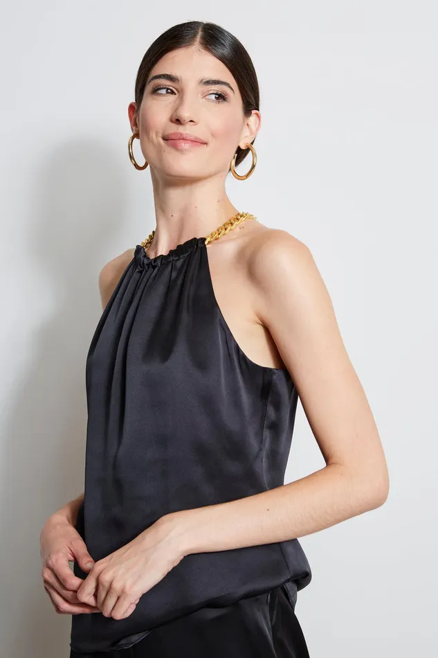 Tops Women Elie Tahari Silk Satin Chain Halter Shirt BLACK