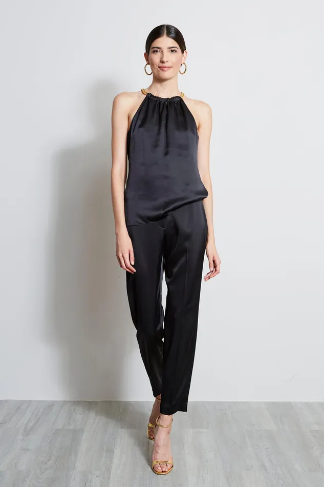 Tops Women Elie Tahari Silk Satin Chain Halter Shirt BLACK