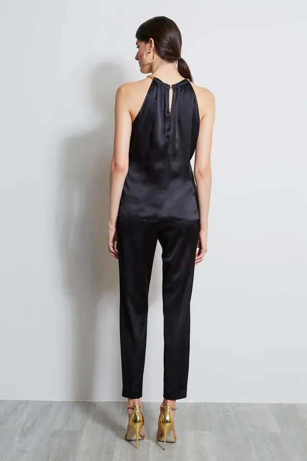 Tops Women Elie Tahari Silk Satin Chain Halter Shirt BLACK