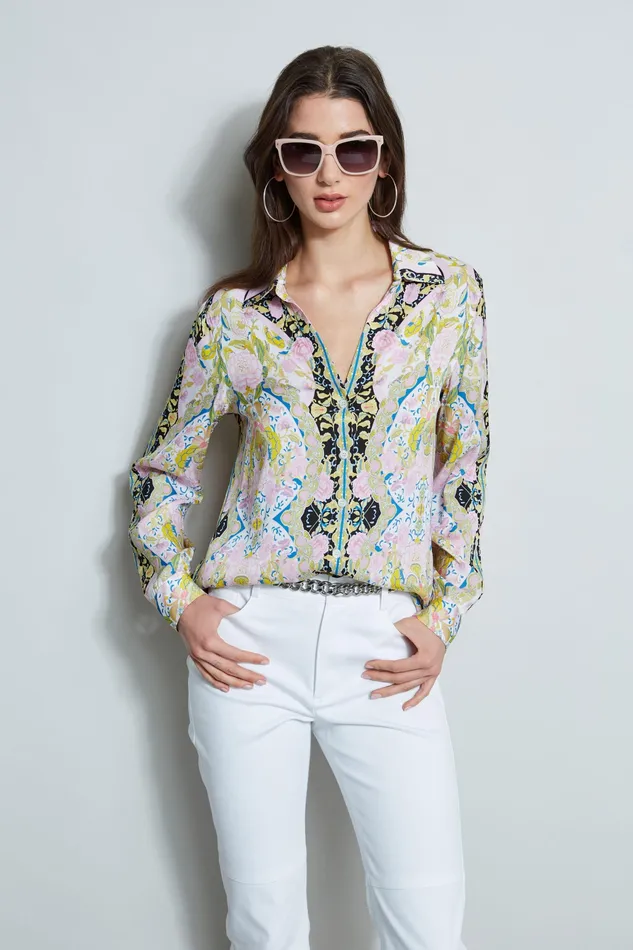 Tops Women Elie Tahari Silk Scarf Damask Button Down Shirt SUMMER DAMASK