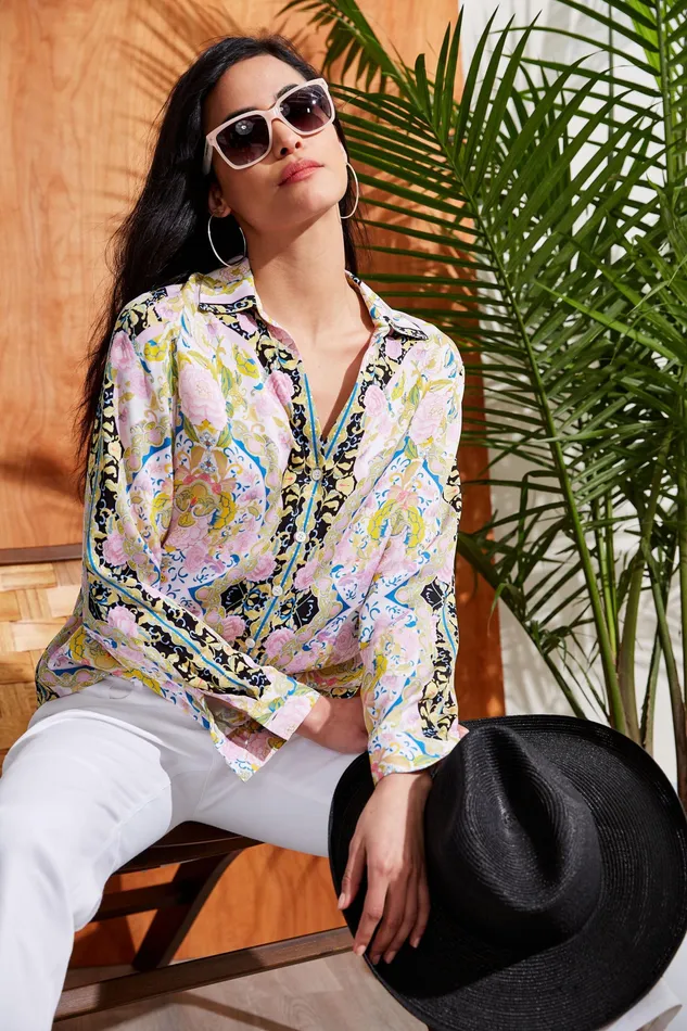 Tops Women Elie Tahari Silk Scarf Damask Button Down Shirt SUMMER DAMASK