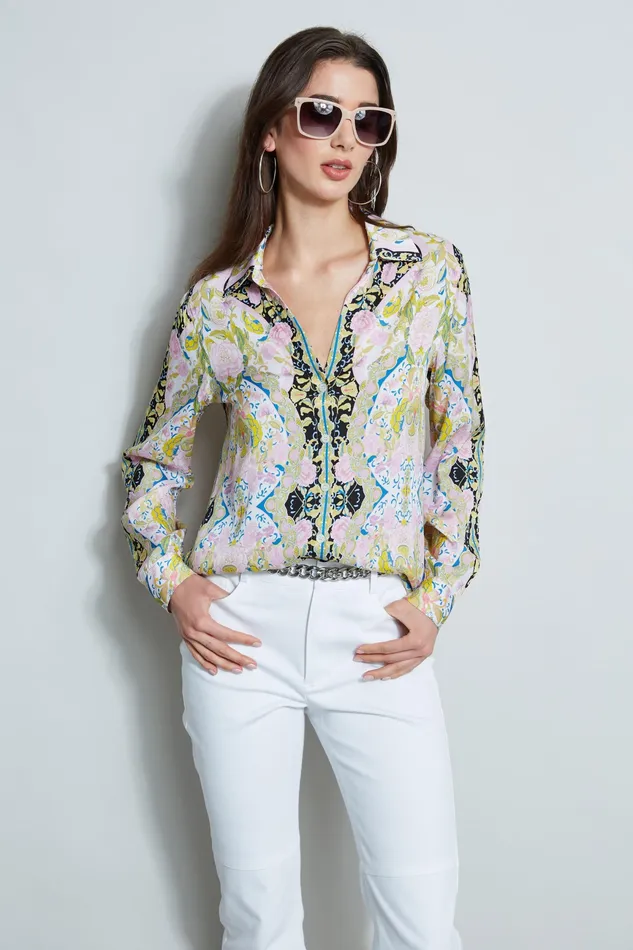 Tops Women Elie Tahari Silk Scarf Damask Button Down Shirt SUMMER DAMASK