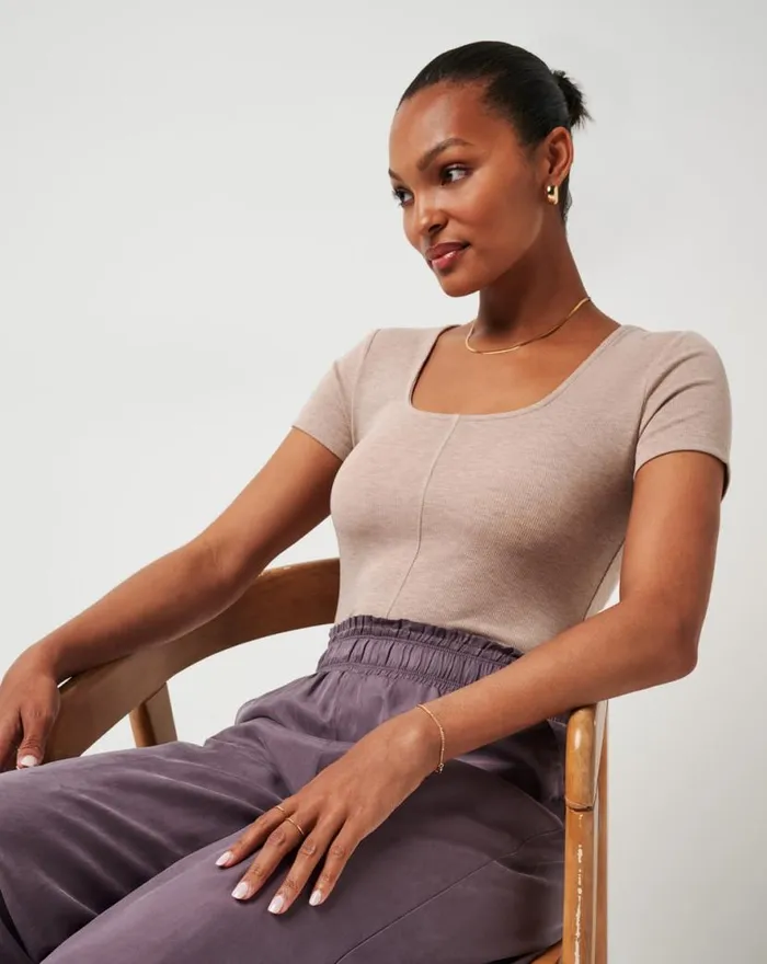 TravisMathew CLOUD RIB TRANQUILITY TEE Heather Almondine Women Shirts and Tops TravisMathew CLOUD RIB TRANQUILITY TEE Heather Almondine Women Shirts and Tops