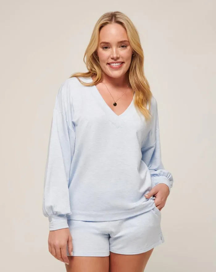 TravisMathew CLOUD TERRY VNECK TOP Heather Kentucky Blue Women Shirts and Tops TravisMathew CLOUD TERRY VNECK TOP Heather Kentucky Blue Women Shirts and Tops