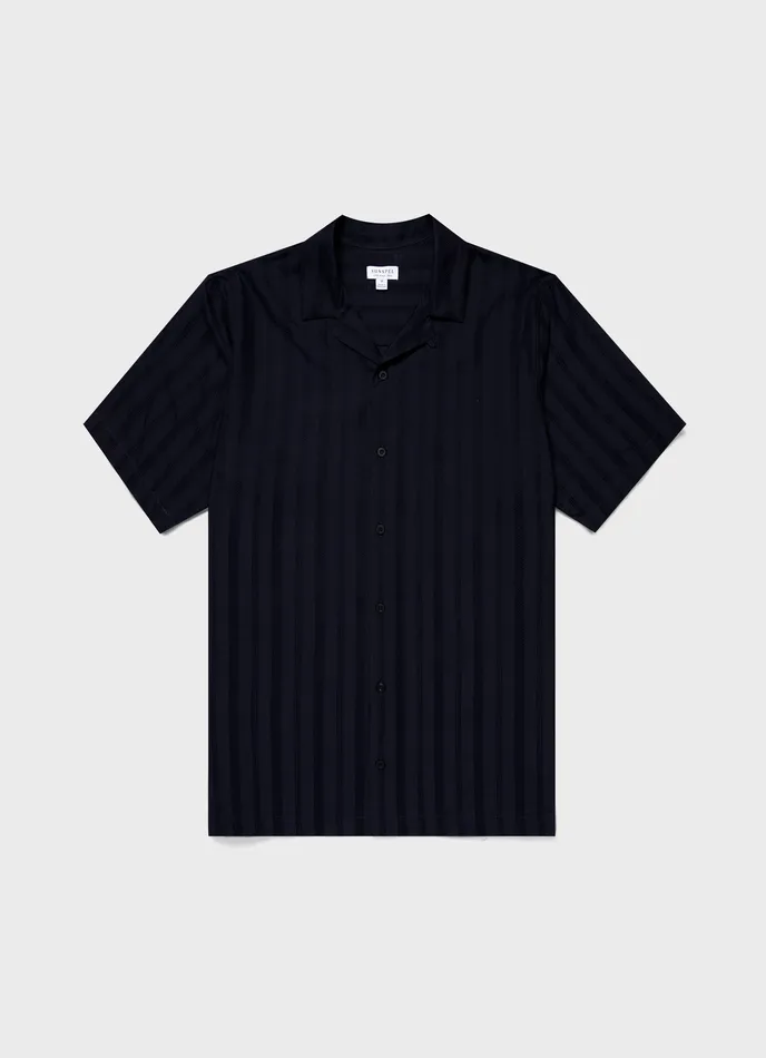 ussunspel Embroidered Stripe Camp Collar Shirt Navy Men Shirts