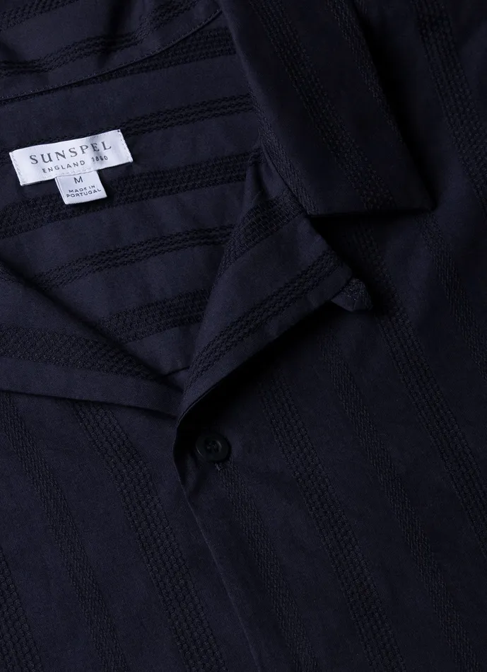 ussunspel Embroidered Stripe Camp Collar Shirt Navy Men Shirts ussunspel Embroidered Stripe Camp Collar Shirt Navy Men Shirts