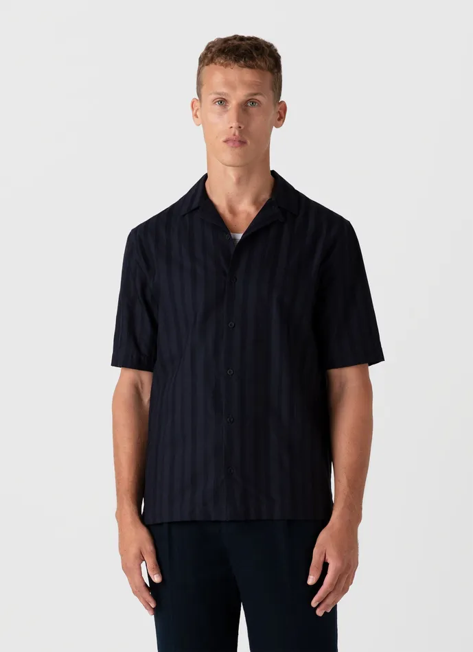 ussunspel Embroidered Stripe Camp Collar Shirt Navy Men Shirts ussunspel Embroidered Stripe Camp Collar Shirt Navy Men Shirts