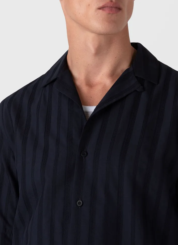 ussunspel Embroidered Stripe Camp Collar Shirt Navy Men Shirts ussunspel Embroidered Stripe Camp Collar Shirt Navy Men Shirts