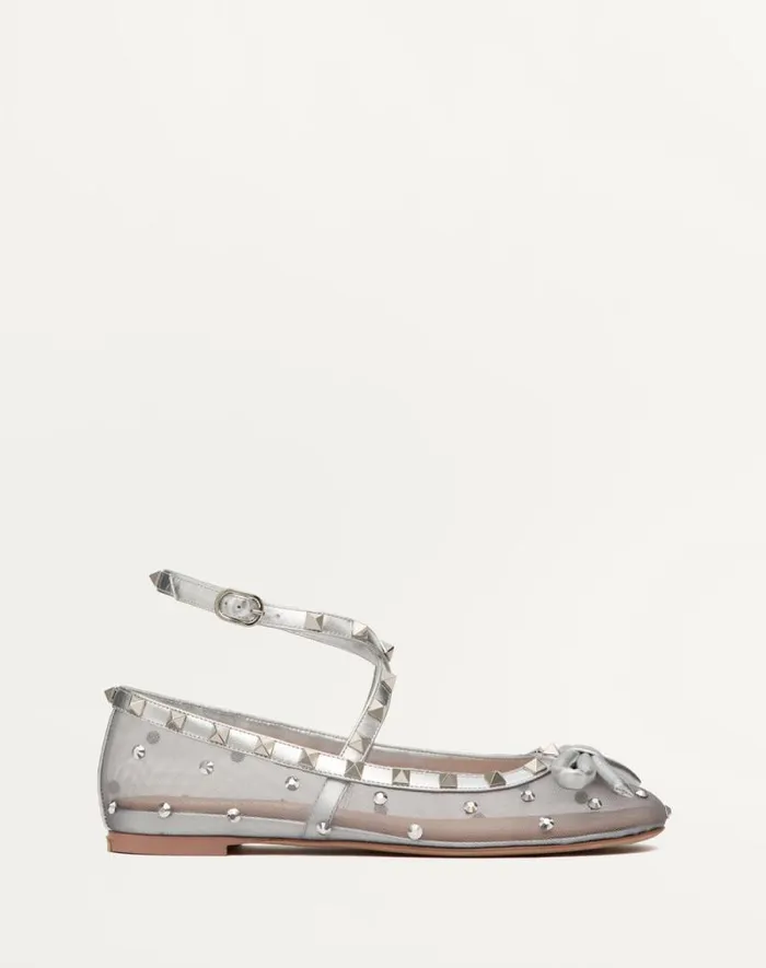 Valentino Ballerinas Woman Rockstud Mesh Ballerina With Crystals For Woman In Pastel Graysilver Pastel Graysilver