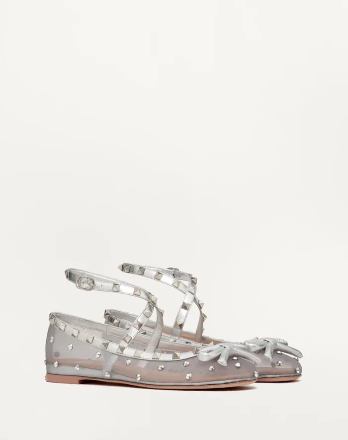 Valentino Ballerinas Woman Rockstud Mesh Ballerina With Crystals For Woman In Pastel Graysilver Pastel Graysilver Valentino Ballerinas Woman Rockstud Mesh Ballerina With Crystals For Woman In Pastel Graysilver Pastel Graysilver