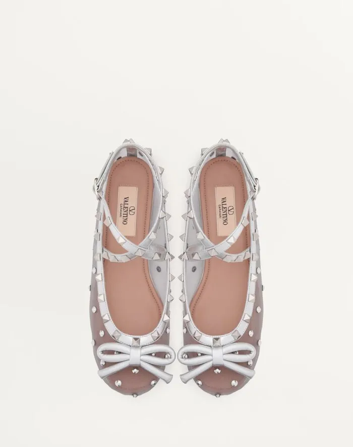 Valentino Ballerinas Woman Rockstud Mesh Ballerina With Crystals For Woman In Pastel Graysilver Pastel Graysilver Valentino Ballerinas Woman Rockstud Mesh Ballerina With Crystals For Woman In Pastel Graysilver Pastel Graysilver