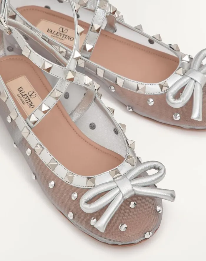 Valentino Ballerinas Woman Rockstud Mesh Ballerina With Crystals For Woman In Pastel Graysilver Pastel Graysilver Valentino Ballerinas Woman Rockstud Mesh Ballerina With Crystals For Woman In Pastel Graysilver Pastel Graysilver