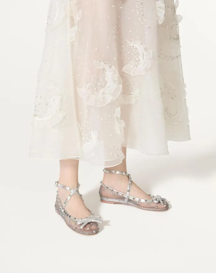 Valentino Ballerinas Woman Rockstud Mesh Ballerina With Crystals For Woman In Pastel Graysilver Pastel Graysilver Valentino Ballerinas Woman Rockstud Mesh Ballerina With Crystals For Woman In Pastel Graysilver Pastel Graysilver