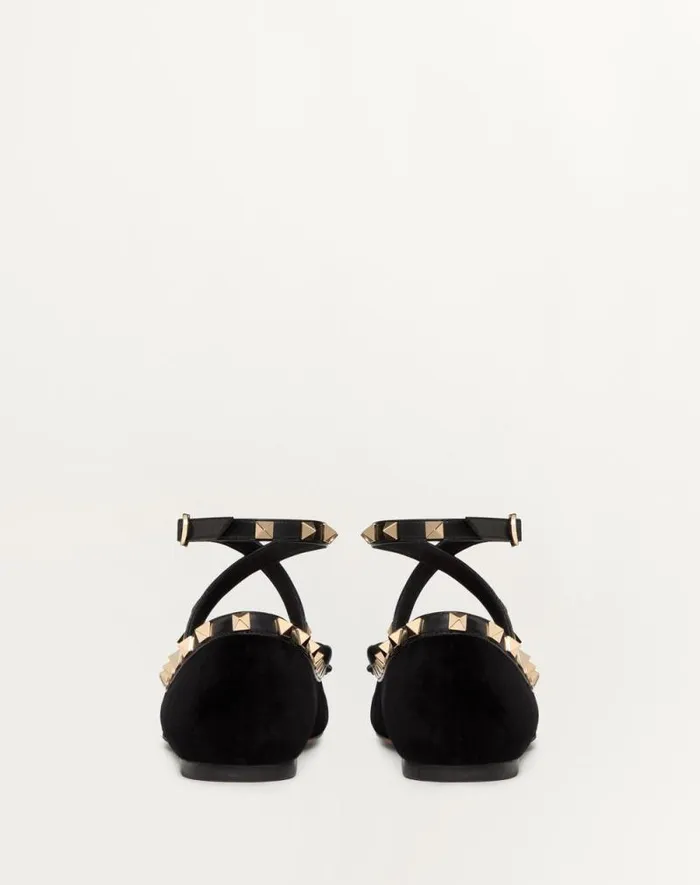 Valentino Ballerinas Woman Rockstud Velvet Ballerina For Woman In Black Black Valentino Ballerinas Woman Rockstud Velvet Ballerina For Woman In Black Black