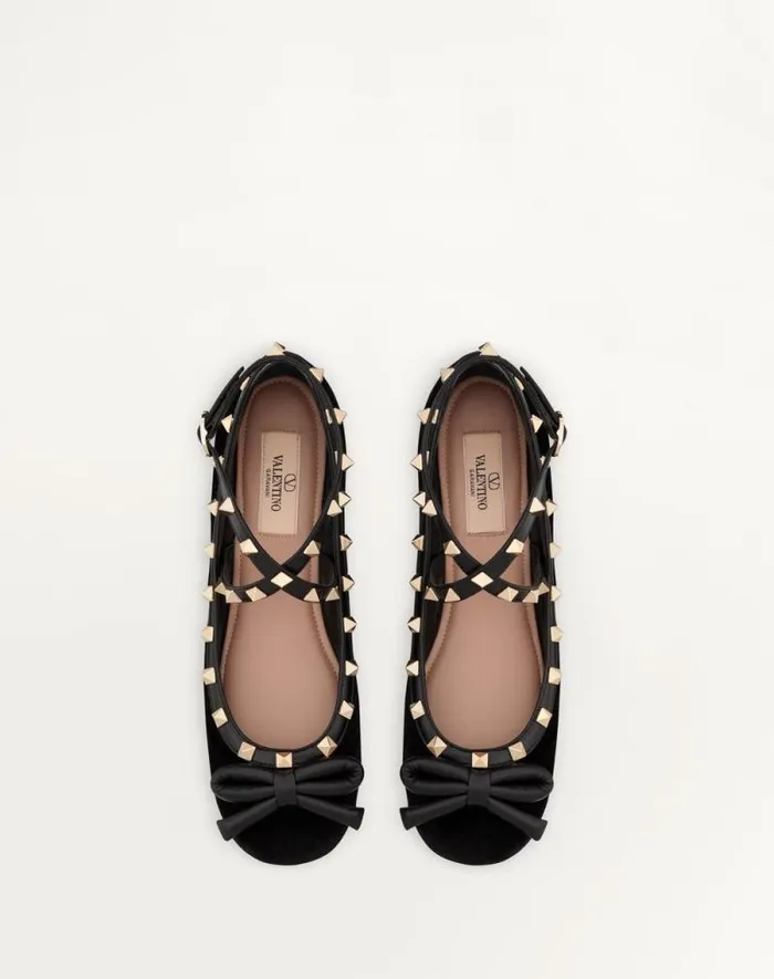 Valentino Ballerinas Woman Rockstud Velvet Ballerina For Woman In Black Black Valentino Ballerinas Woman Rockstud Velvet Ballerina For Woman In Black Black
