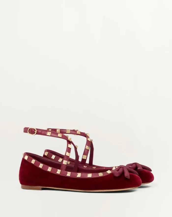 Valentino Ballerinas Woman Rockstud Velvet Ballerina For Woman In Black Black Valentino Ballerinas Woman Rockstud Velvet Ballerina For Woman In Black Black