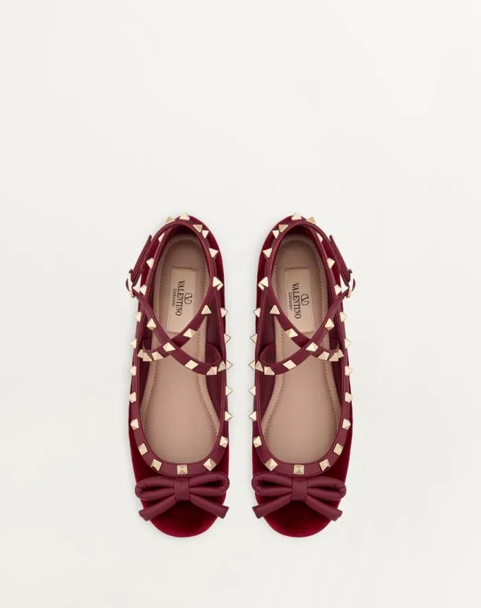 Valentino Ballerinas Woman Rockstud Velvet Ballerina For Woman In Black Black Valentino Ballerinas Woman Rockstud Velvet Ballerina For Woman In Black Black
