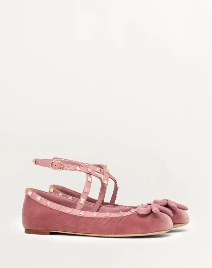 Valentino Ballerinas Woman Rockstud Velvet Ballerina For Woman In Black Black Valentino Ballerinas Woman Rockstud Velvet Ballerina For Woman In Black Black