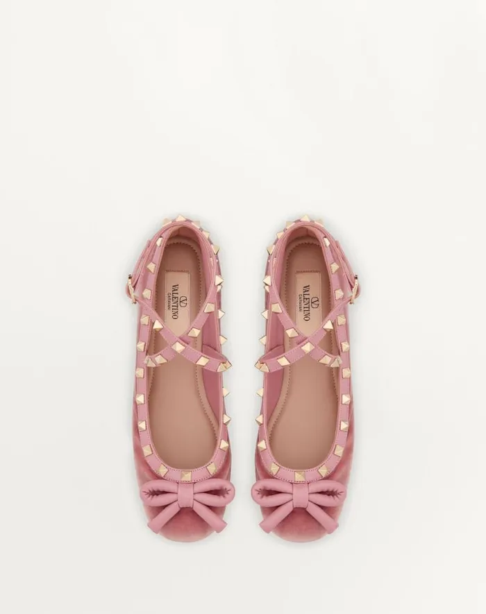 Valentino Ballerinas Woman Rockstud Velvet Ballerina For Woman In Black Black Valentino Ballerinas Woman Rockstud Velvet Ballerina For Woman In Black Black