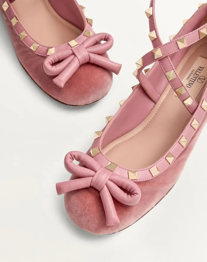 Valentino Ballerinas Woman Rockstud Velvet Ballerina For Woman In Black Black Valentino Ballerinas Woman Rockstud Velvet Ballerina For Woman In Black Black