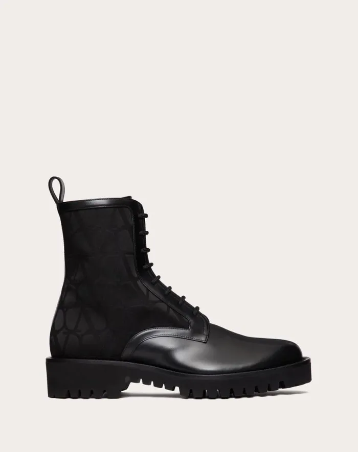 Valentino Boots Man Toile Iconographe Combat Boot In Toile Iconographe Technical Fabric And Calfskin For Man In Black Black