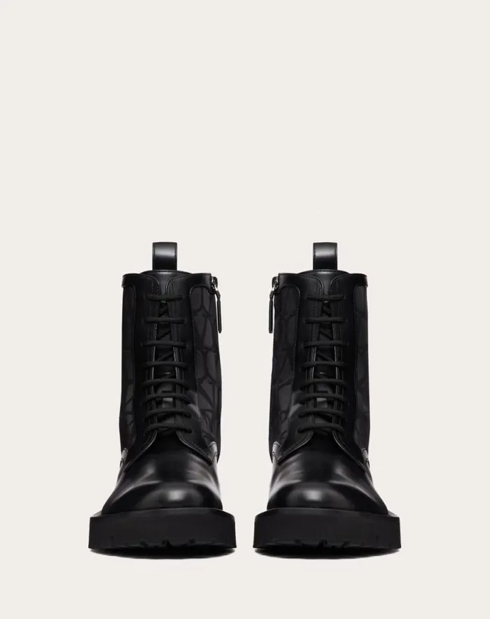 Valentino Boots Man Toile Iconographe Combat Boot In Toile Iconographe Technical Fabric And Calfskin For Man In Black Black Valentino Boots Man Toile Iconographe Combat Boot In Toile Iconographe Technical Fabric And Calfskin For Man In Black Black