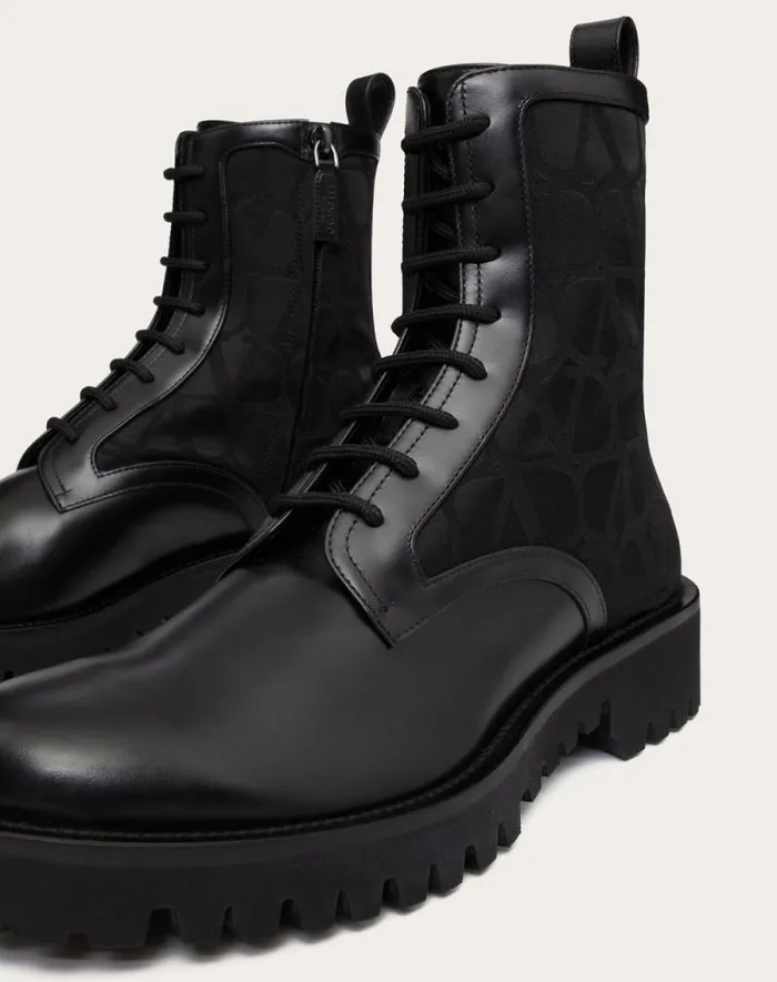 Valentino Boots Man Toile Iconographe Combat Boot In Toile Iconographe Technical Fabric And Calfskin For Man In Black Black Valentino Boots Man Toile Iconographe Combat Boot In Toile Iconographe Technical Fabric And Calfskin For Man In Black Black