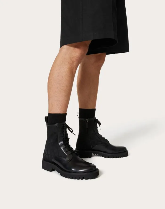 Valentino Boots Man Toile Iconographe Combat Boot In Toile Iconographe Technical Fabric And Calfskin For Man In Black Black Valentino Boots Man Toile Iconographe Combat Boot In Toile Iconographe Technical Fabric And Calfskin For Man In Black Black