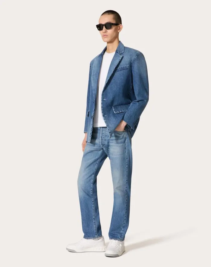 Valentino Denim Man Denim Pants With Metallic V Detail For Man In Denim Denim Valentino Denim Man Denim Pants With Metallic V Detail For Man In Denim Denim